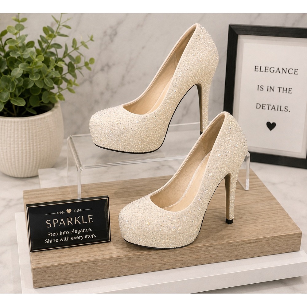 Kiss Kouture Tulip Iridescent Rhinestone Platform Pumps Cream Stiletto Heels 9
